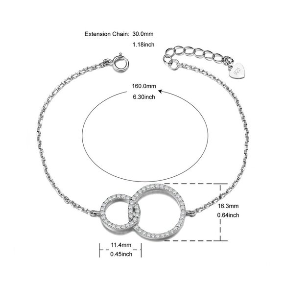 Pretty Double circle Pave 925 Sterling Silver Adjustable Bracelet Chain W/ Charm - Picture 4 of 5